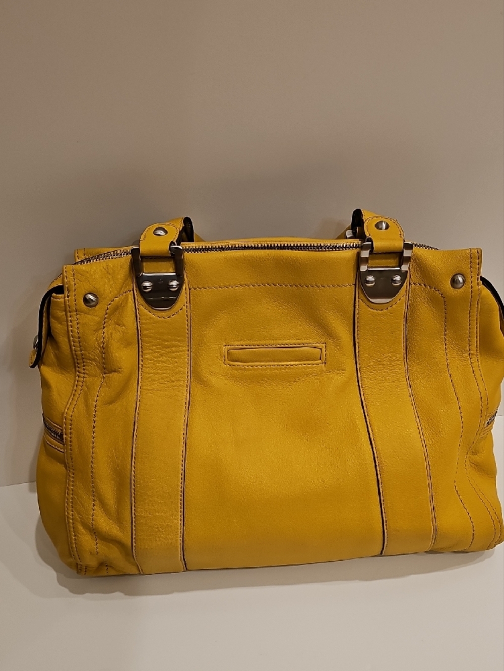 b. makowsky Yellow Leather Shoulder Satchel 15"x12"x4" - Picture 2 of 13